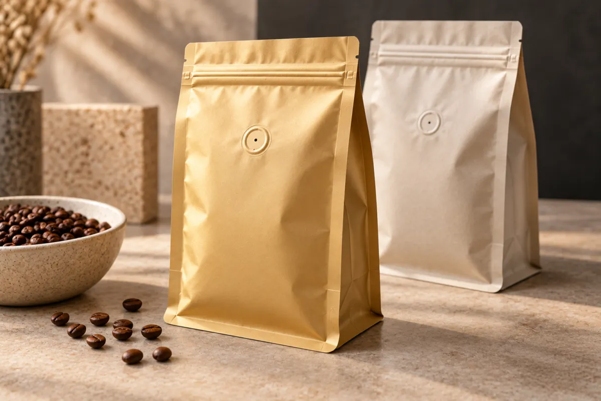 Unbranded matte gold coffee pouch with a circular valve, a beige pouch behind it, and roasted coffee beans in a ceramic bowl and scattered across a stone tabletop.