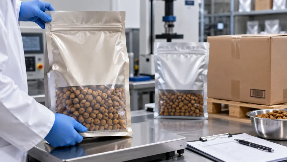 A technician in blue gloves handles a filled unbranded pet food pouch on a stainless worktable with a second pouch, shipping boxes, a pallet, and dry kibble nearby.