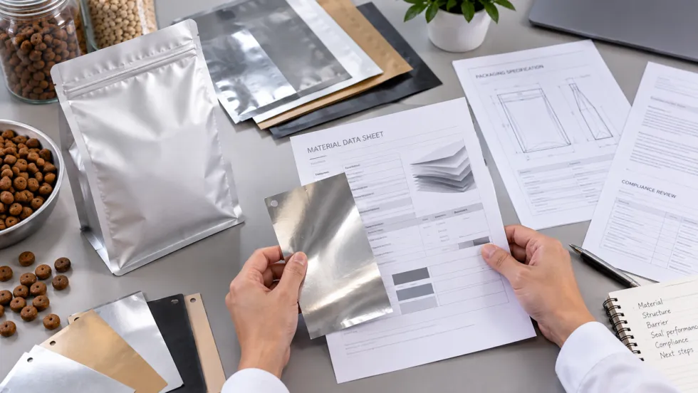 Hands compare a metallic packaging film sample with material data and packaging specification documents beside an unbranded pouch and laminate samples.