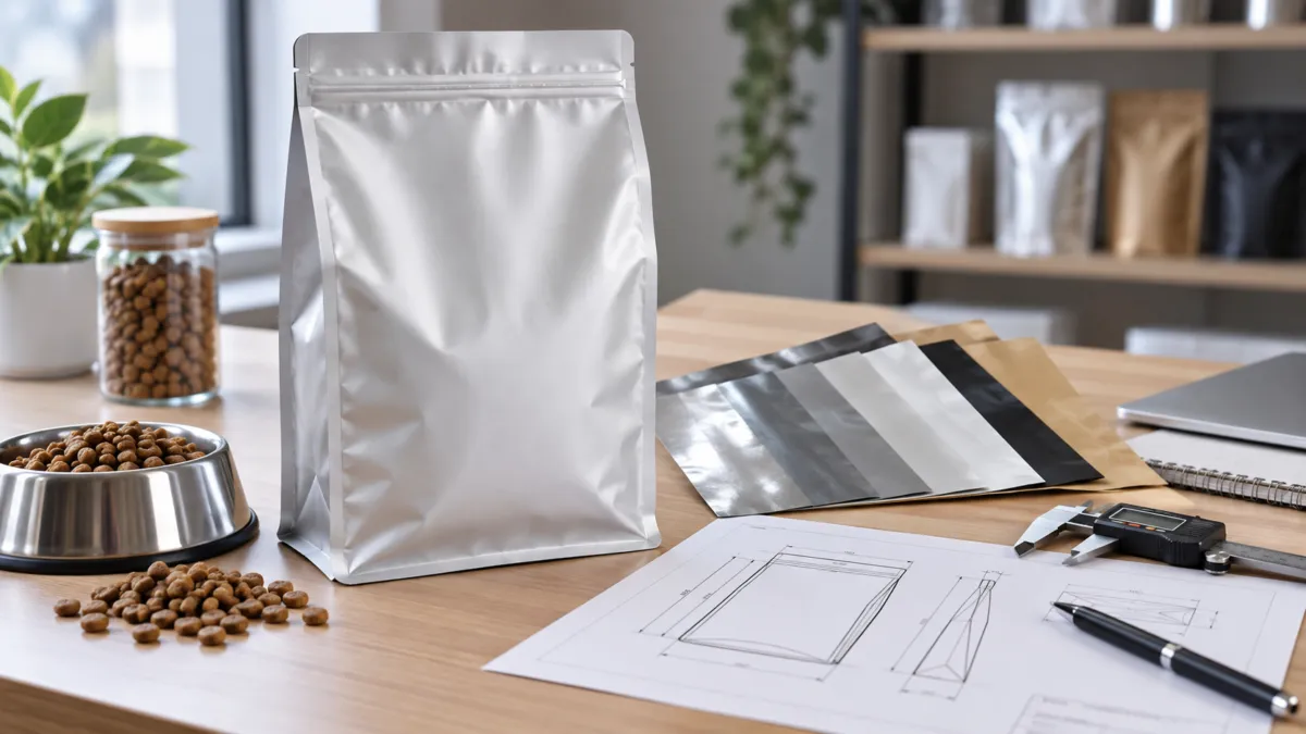 Unbranded silver pet food pouch on a worktable with dry kibble, flexible packaging material samples, technical pouch drawings, and a digital caliper.