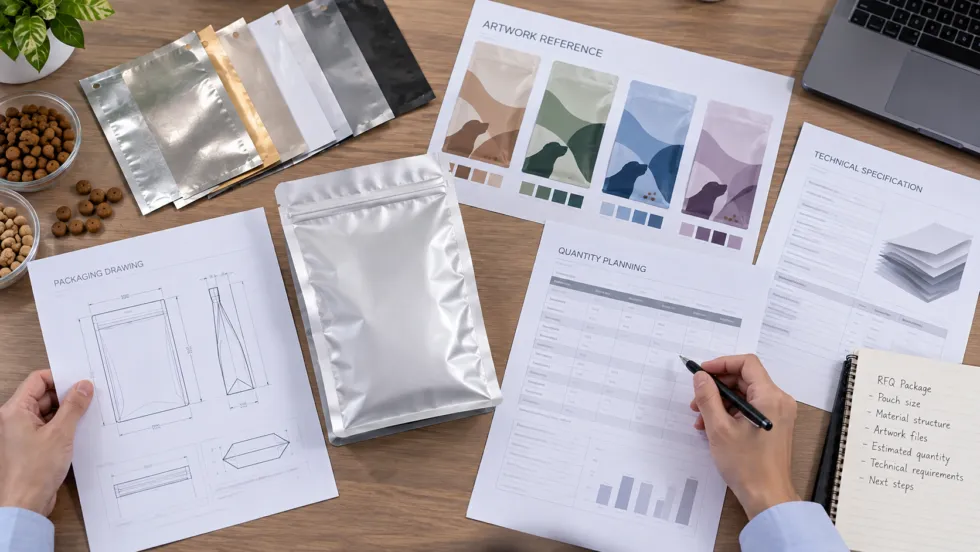 Hands review an unbranded silver pouch, packaging drawing, laminate samples, artwork references, quantity planning sheets, and technical documents on a worktable.