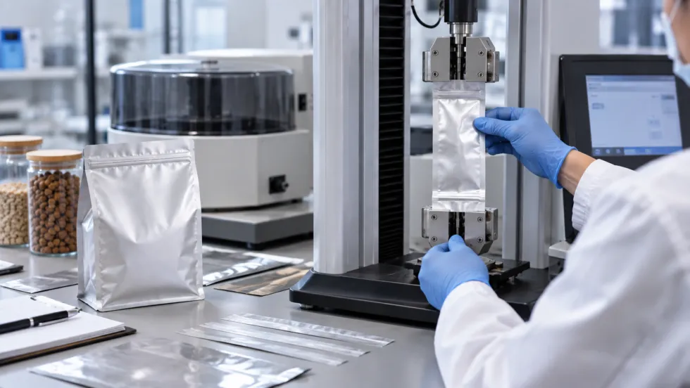 A laboratory technician in blue gloves tests a flexible pouch specimen in packaging test equipment beside an unbranded pouch, film strips, and pet food samples.