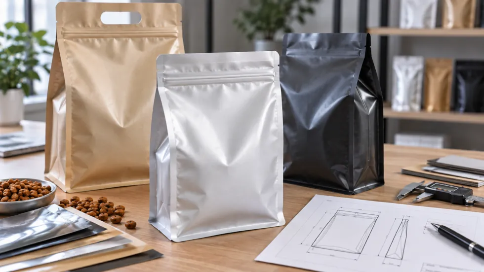 Three unbranded flexible pet food pouches with different gusset, zipper, seal, and handle constructions displayed on a packaging development worktable.