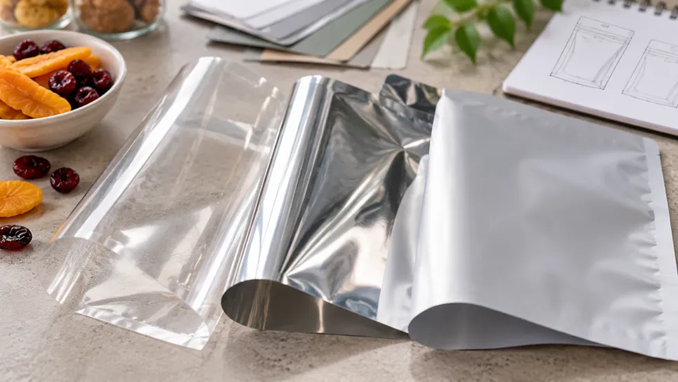 Transparent, reflective metallic and opaque flexible packaging material samples arranged beside dried fruit on a clean tabletop.
