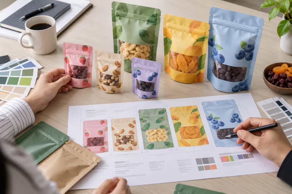 Several printed snack pouches in different sizes and artwork designs arranged on a desk beside color swatches and a pouch design proof sheet.