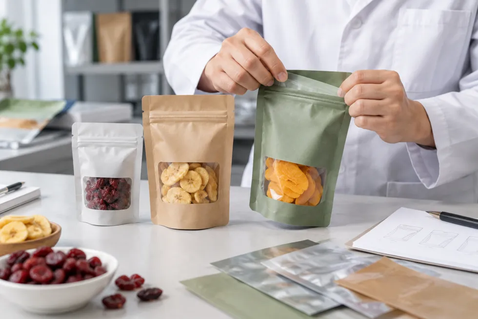 A packaging professional inspects the top seal of a filled snack pouch beside two other flexible pouches in different sizes on a workbench.
