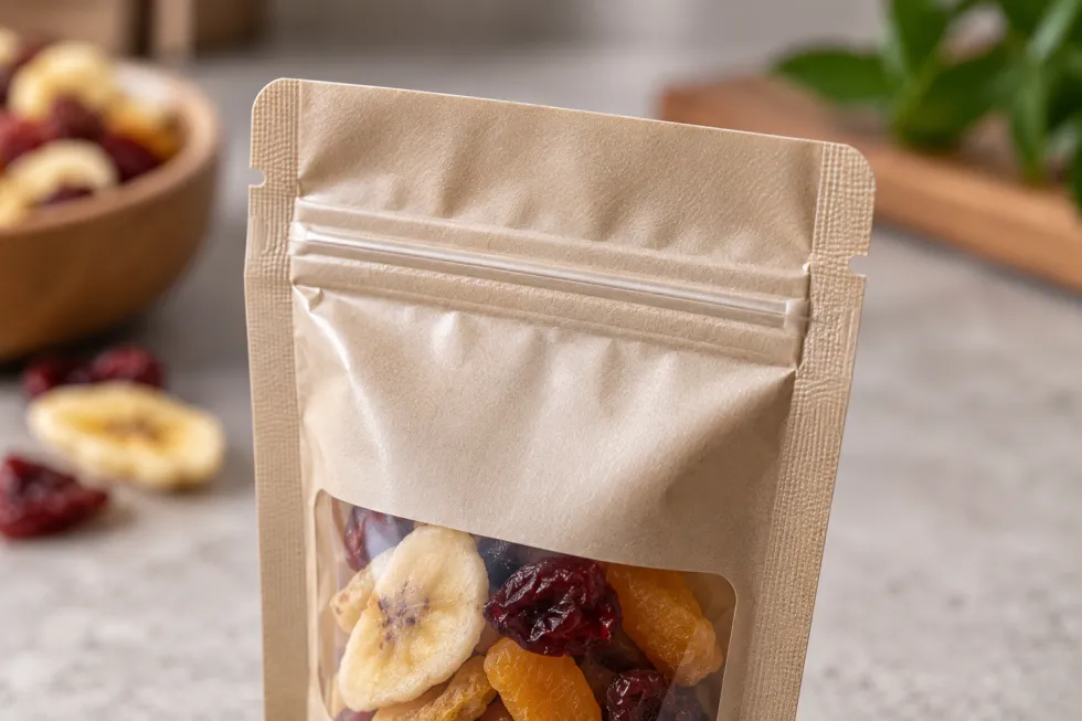 Close-up of a small flexible snack pouch showing the top heat seal, tear notches, zipper closure and a clear window filled with dried fruit.