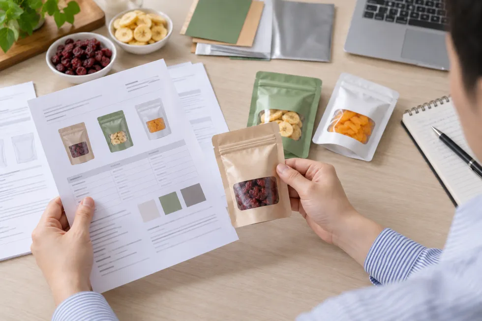 A purchasing professional compares a filled snack pouch with specification sheets and several flexible pouch samples on a clean office desk.