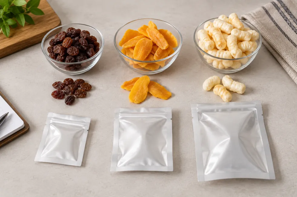 Three clear bowls containing raisins, dried mango pieces and puffed snacks beside three unprinted flexible pouch samples in different sizes.