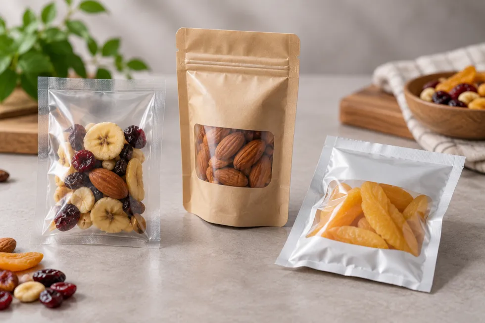 Three flexible snack pouches in different formats containing mixed dried snacks, almonds and dried fruit on a clean tabletop.