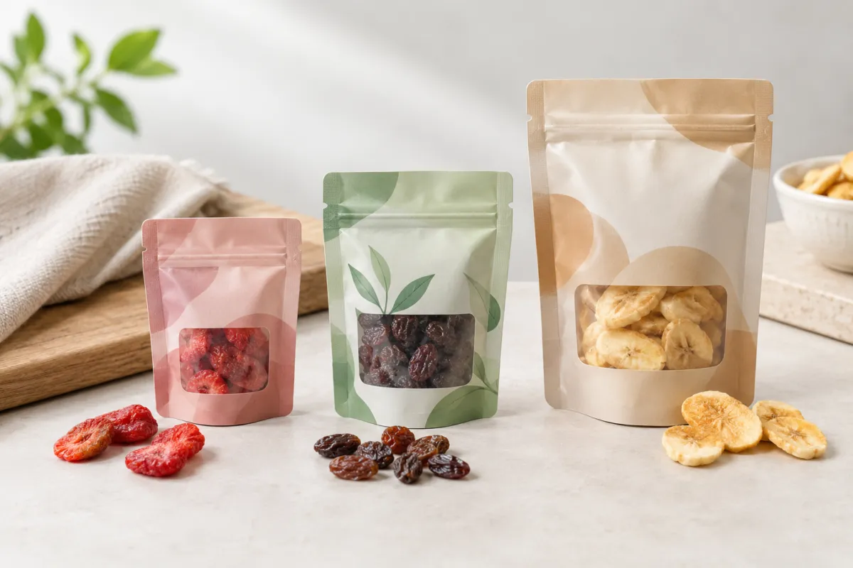 Three flexible snack pouches in different sizes with clear windows showing dried fruit, raisins and banana chips, with loose snack pieces arranged nearby.