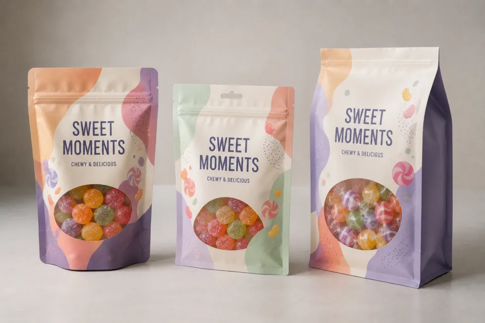 Three candy packages in stand-up, flat, and gusseted pouch formats with clear windows showing colorful sweets.