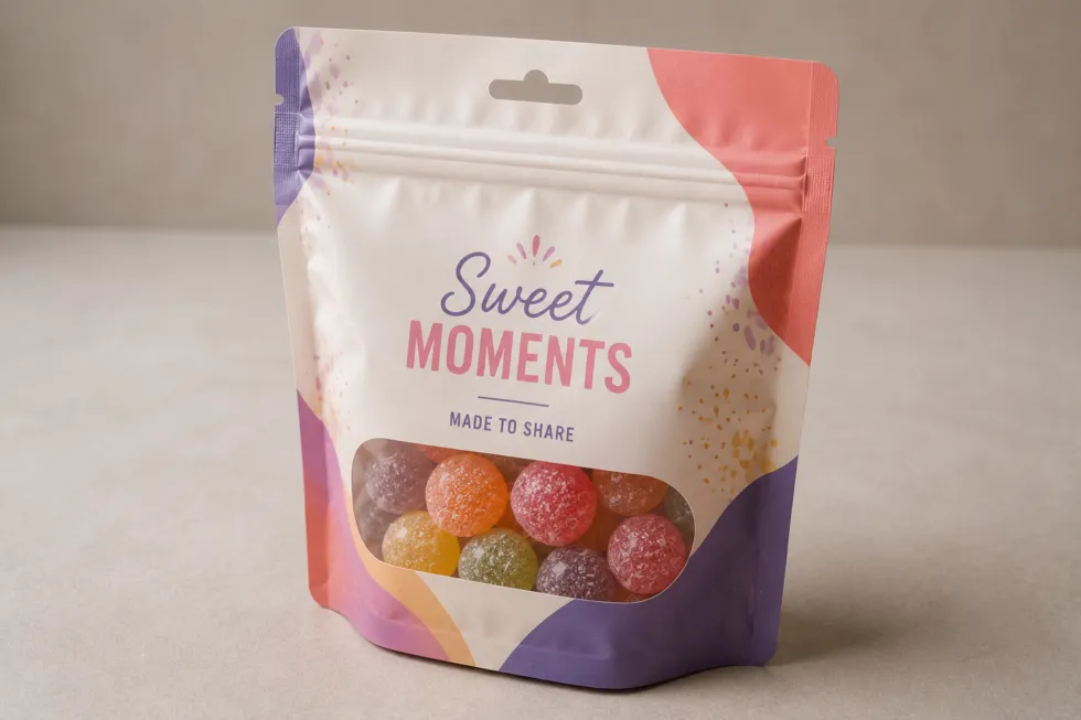 Stand-up candy pouch with a resealable zipper, tear notches, hang hole, and clear window showing colorful candies.