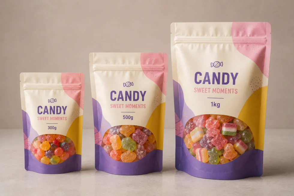 Three coordinated candy pouches in 300g, 500g, and 1kg sizes with clear windows showing colorful candies.