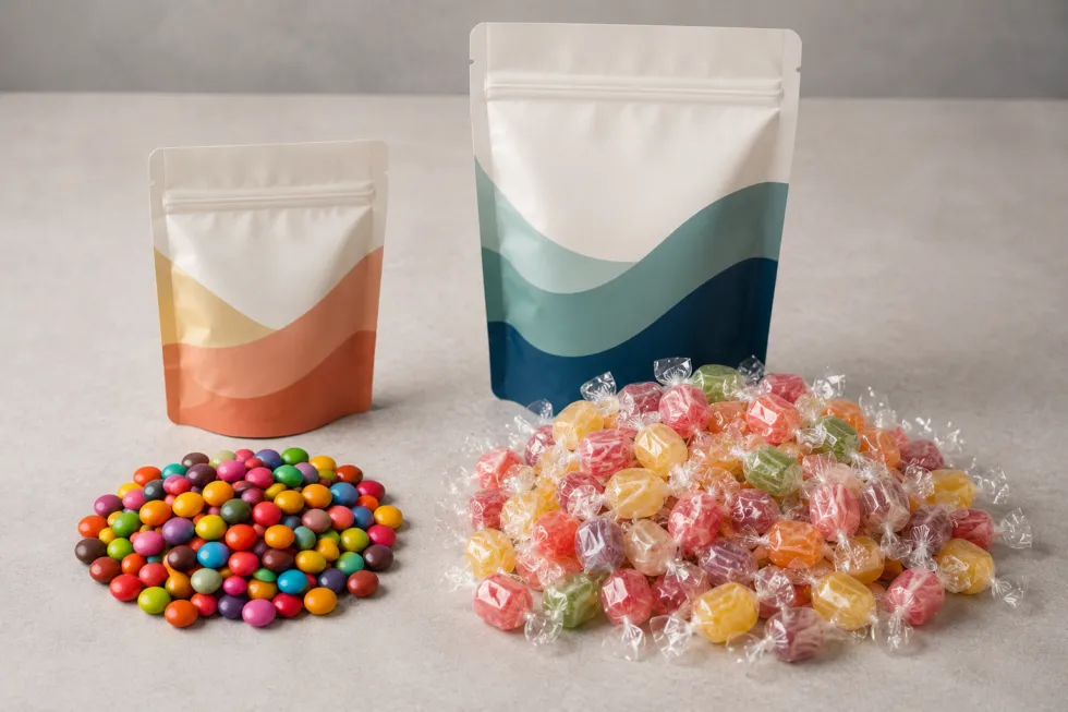 Two piles of colorful candies with different volumes displayed beside two flexible stand-up pouches.