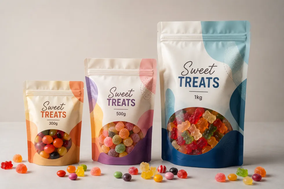 Three flexible candy pouches in 300g, 500g, and 1kg sizes with colorful sweets displayed in front.