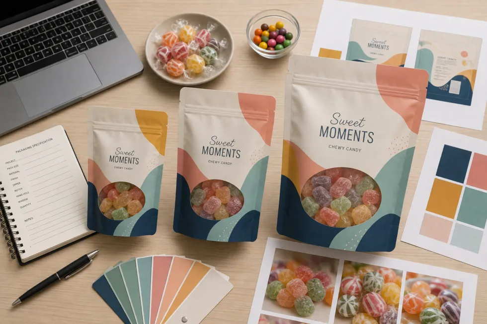 Three candy pouch samples on a desk with a laptop, candy samples, packaging artwork, color swatches, and a specification notebook.