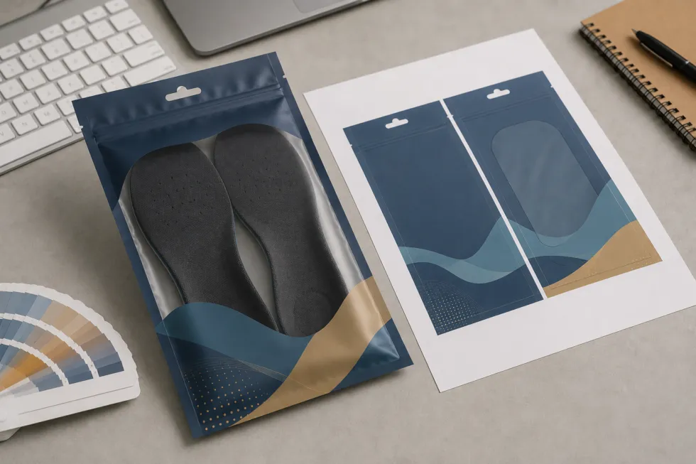 Printed shoe insole pouch beside a matching packaging artwork proof, color swatches, keyboard, and notebook on a desk.