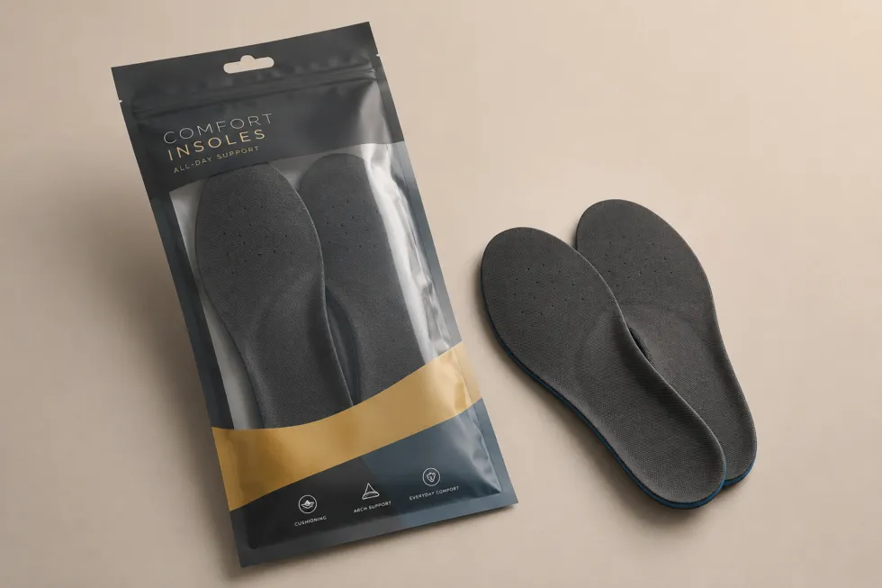 Flexible retail pouch containing a pair of dark shoe insoles with a hang hole, shown beside a second loose pair of insoles.