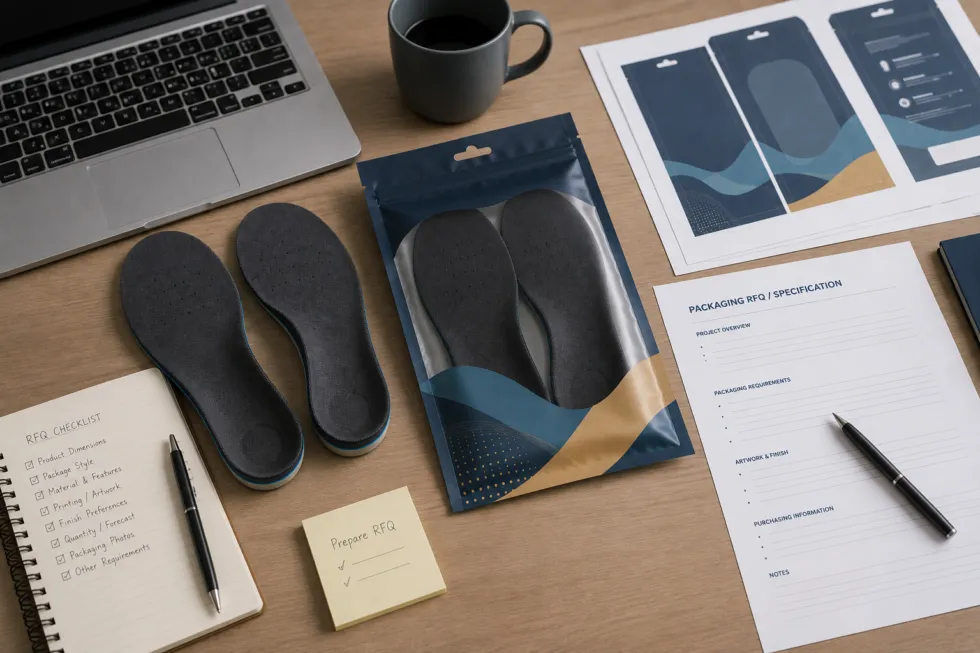 Shoe insoles and a printed flexible pouch arranged on a desk with packaging artwork, an RFQ sheet, notebook, laptop, and pens.