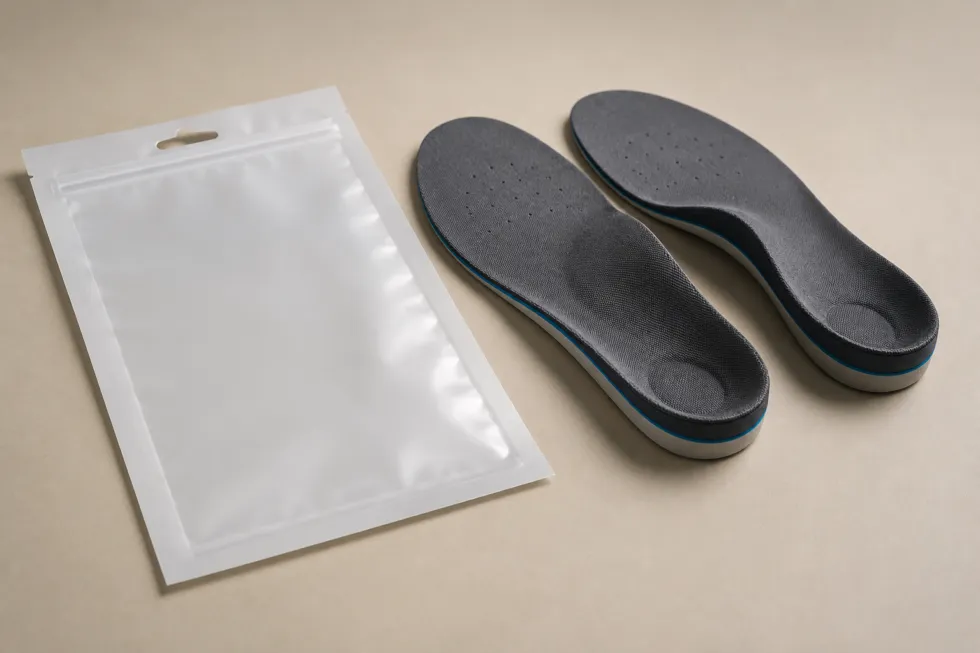 Pair of contoured shoe insoles beside an empty flat flexible pouch on a neutral tabletop.