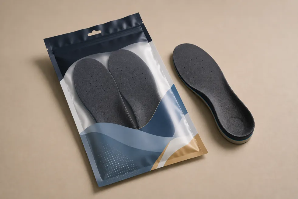 Pair of dark shoe insoles inside a printed flat flexible pouch with one loose insole beside it.